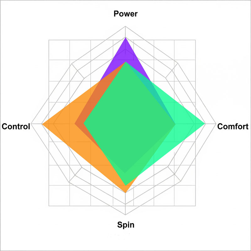 An infographic showing the four key benefits of tennis strings: Power, Control, Spin, and Comfort, arranged in a quadrant.